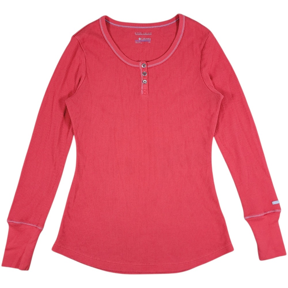 Columbia Henley Thermal Shirt Womens L Red Pink Waffle Knit Slim Fit Bella Swan